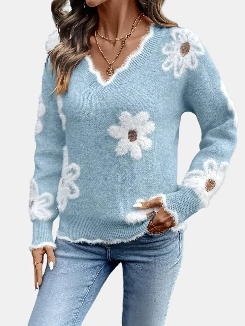 Elara™ | V-Neck Floral Sweater