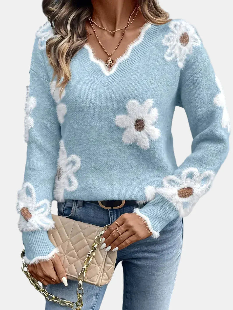 Elara™ | V-Neck Floral Sweater