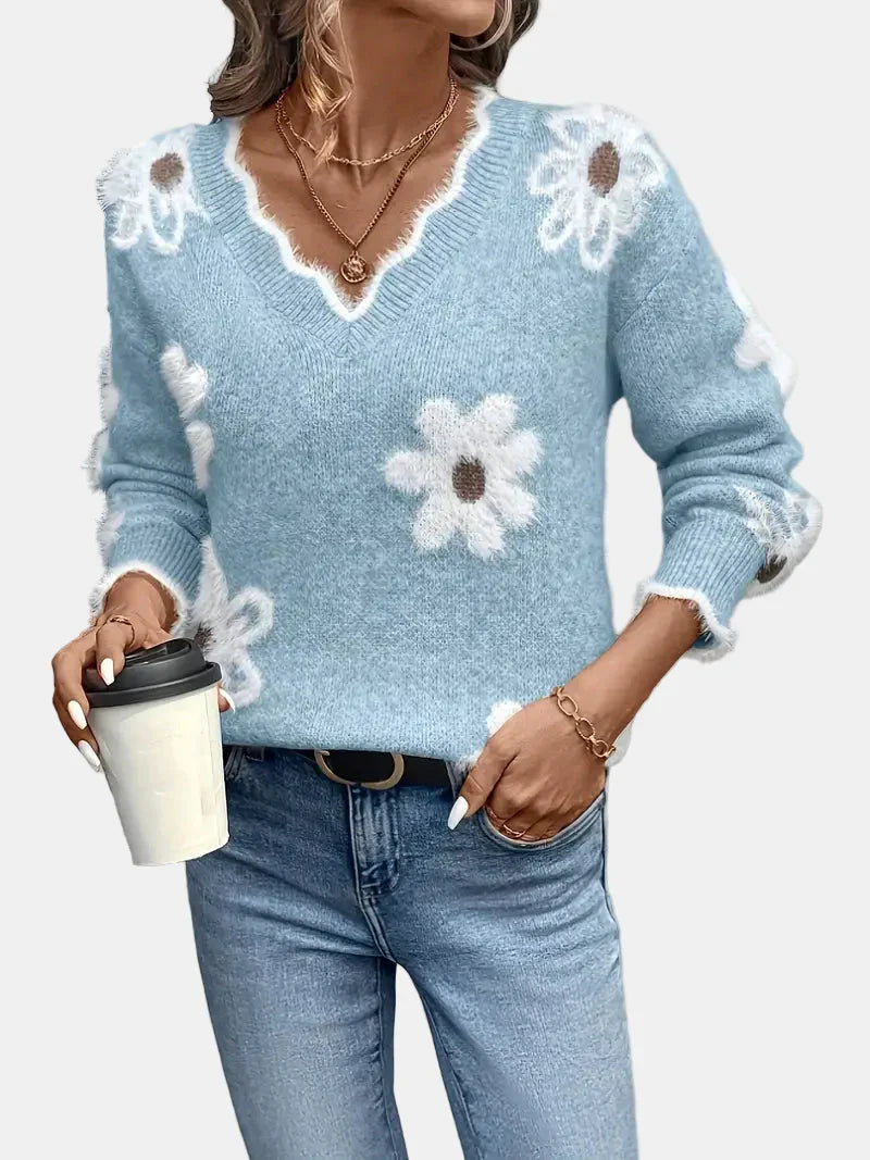 Elara™ | V-Neck Floral Sweater