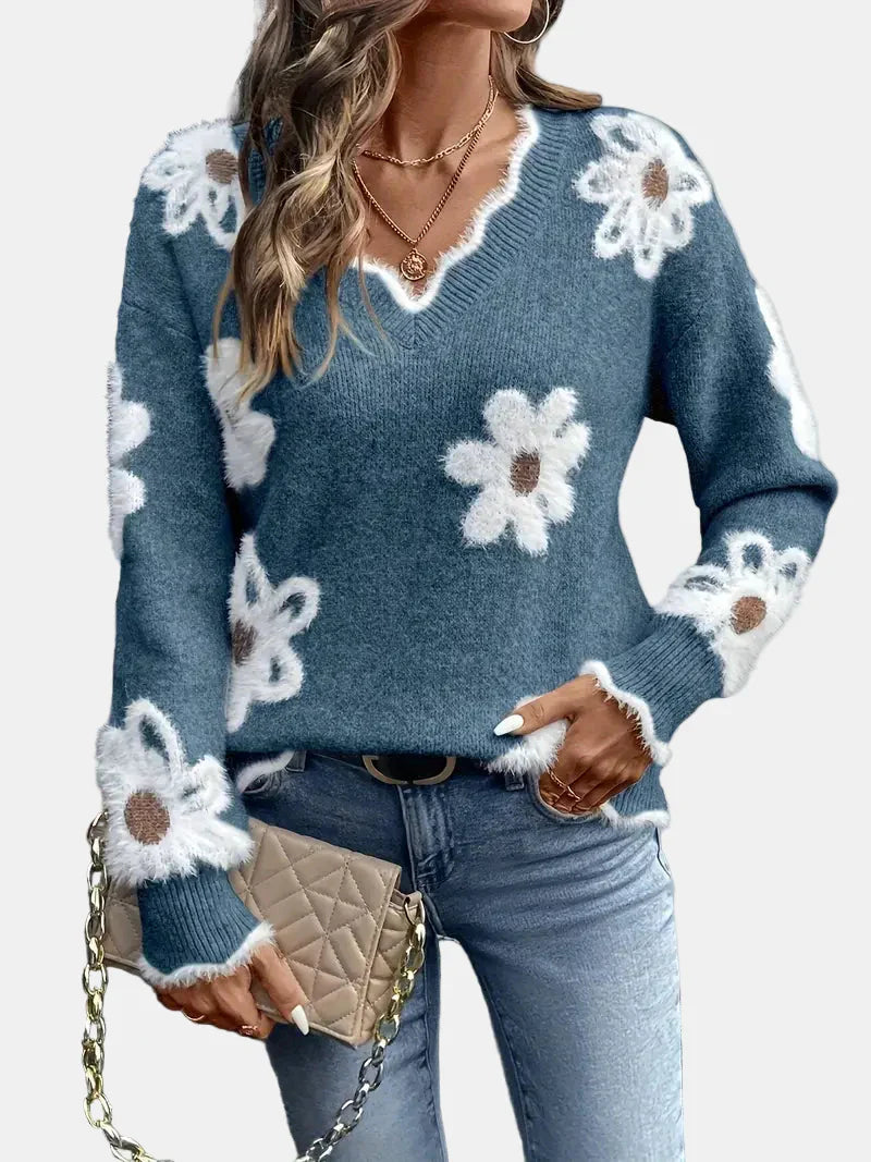 Elara™ | V-Neck Floral Sweater