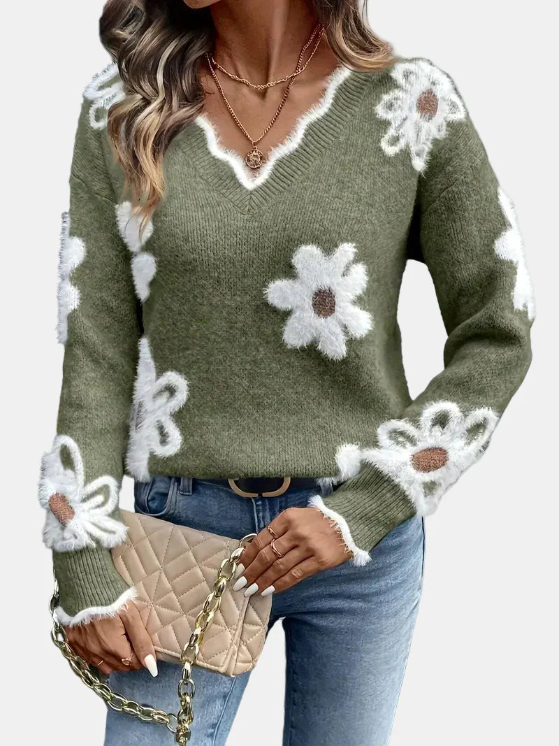 Elara™ | V-Neck Floral Sweater