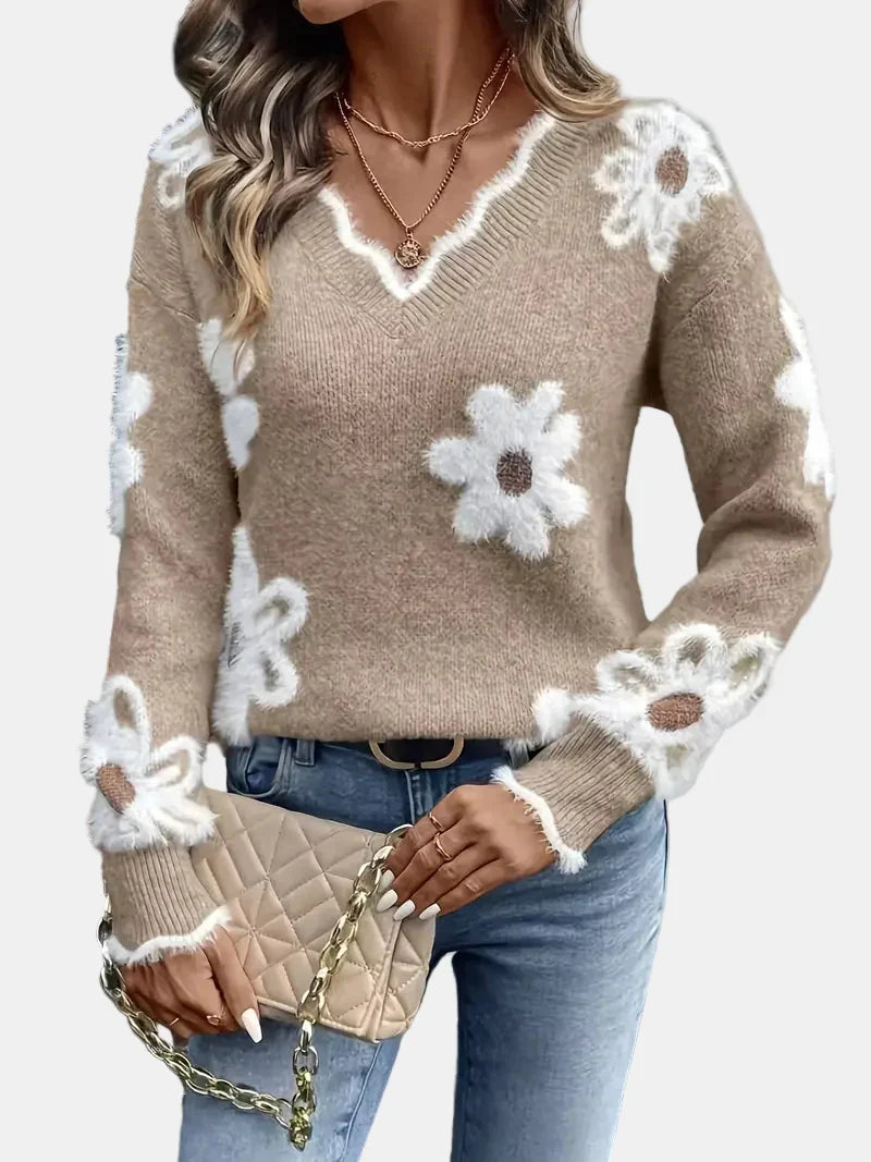 Elara™ | V-Neck Floral Sweater