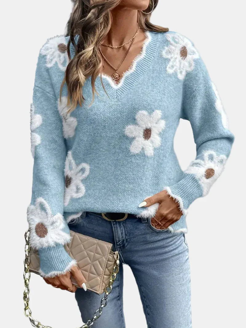 Elara™ | V-Neck Floral Sweater
