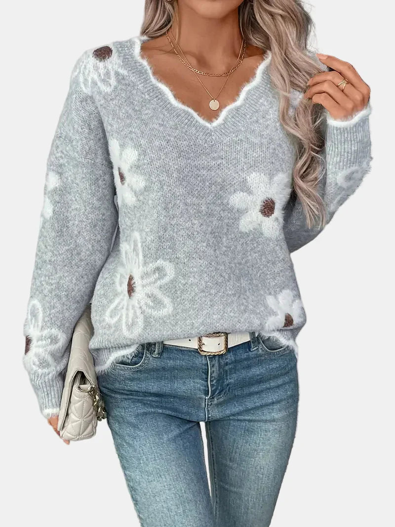 Elara™ | V-Neck Floral Sweater